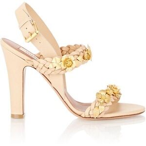 Valentino BUD Braided Tan Leather Gold Medal Flower Block Heels 8 8.5 | 39.5 39